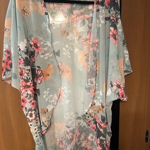 Light Blue Floral Sheer Kimono Cover-Up